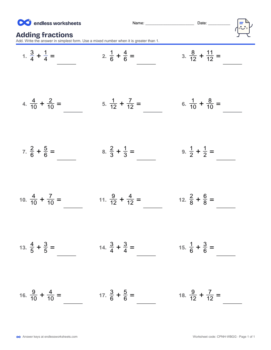 Adding fractions Worksheets: page 1 of a free printable 4th grade math worksheet