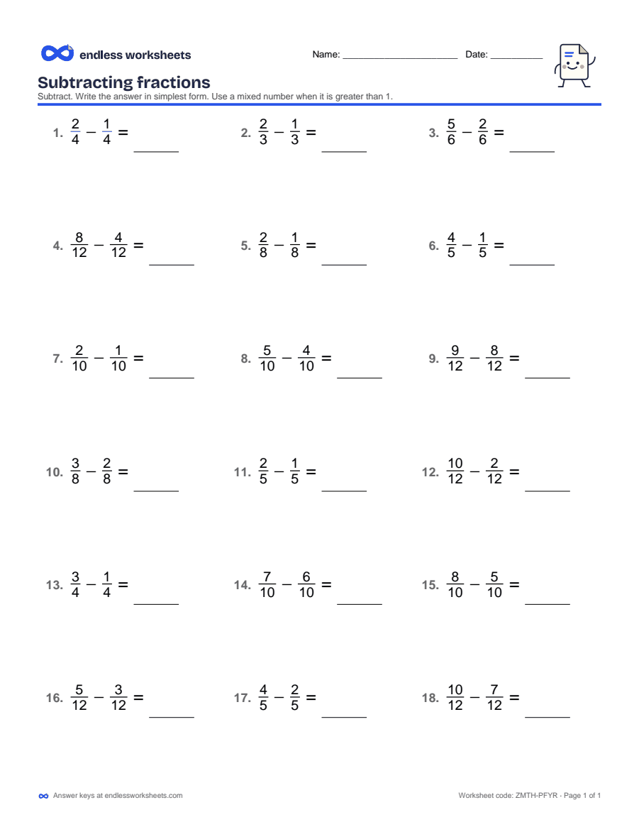 Subtracting fractions Worksheets: page 1 of a free printable 4th grade math worksheet