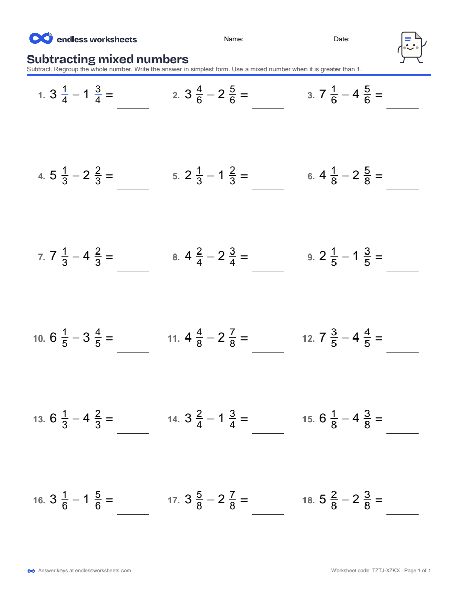 Subtracting mixed numbers Worksheets: page 1 of a free printable 4th grade math worksheet