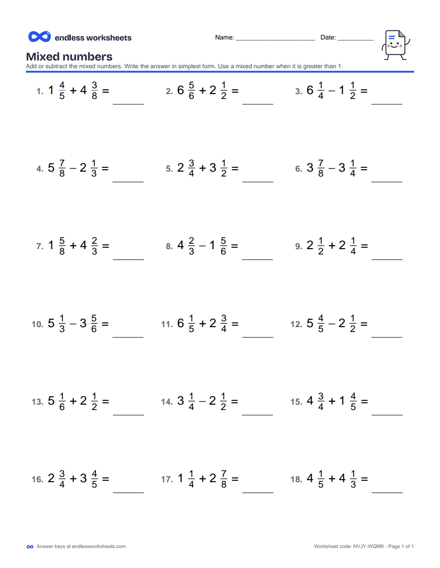 Mixed numbers Worksheets: page 1 of a free printable 5th grade math worksheet