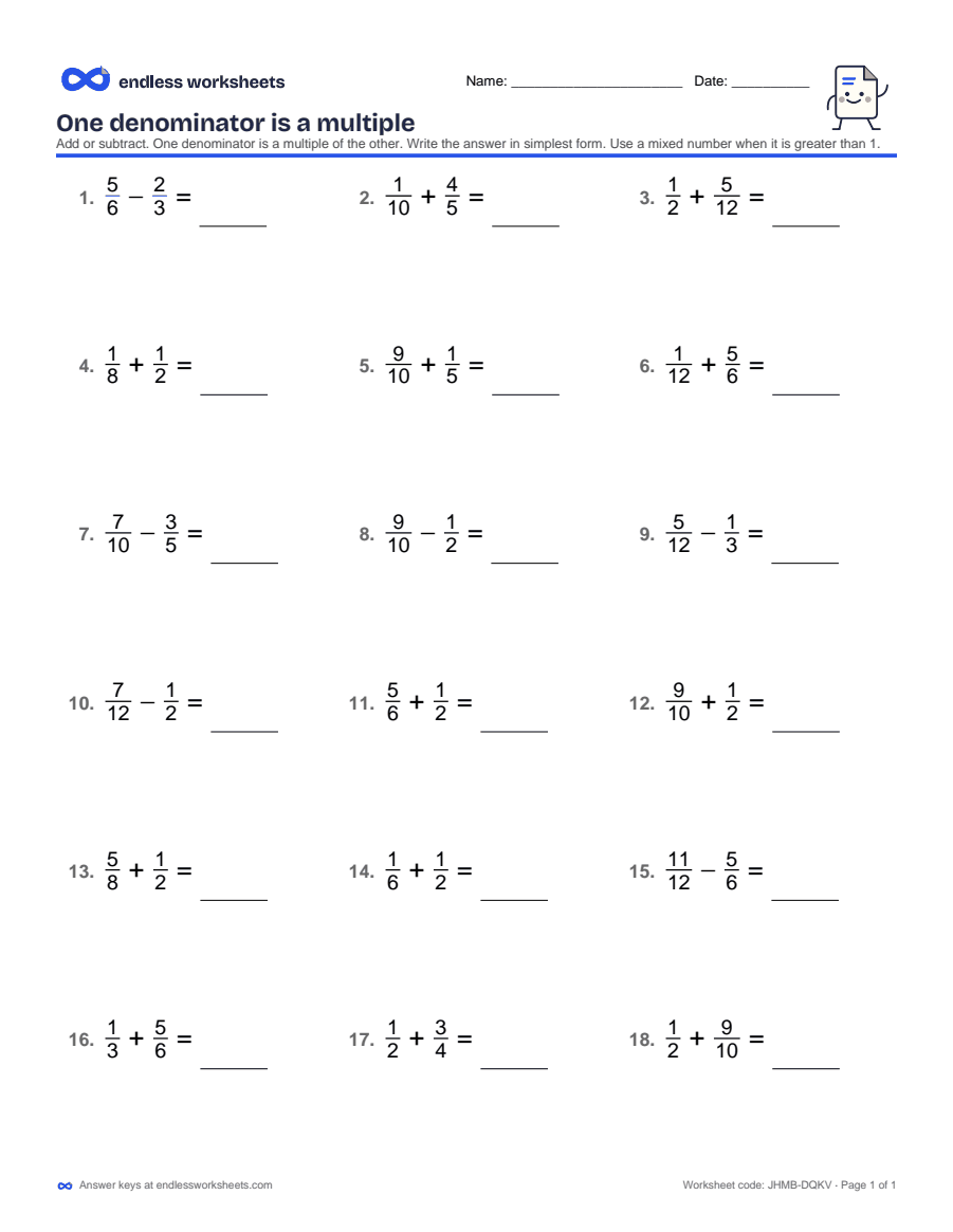 One denominator is a multiple Worksheets: page 1 of a free printable 5th grade math worksheet