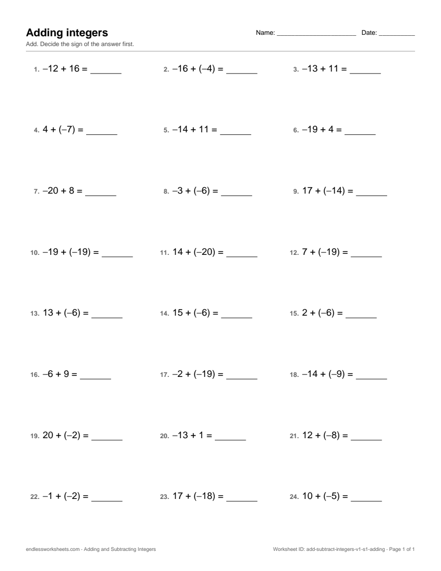 Adding integers Worksheets: page 1 of a free printable 7th grade math worksheet