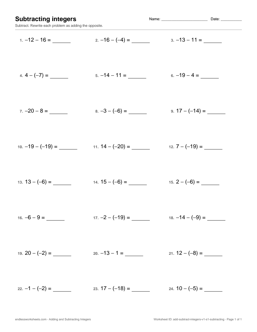 Subtracting integers Worksheets: page 1 of a free printable 7th grade math worksheet