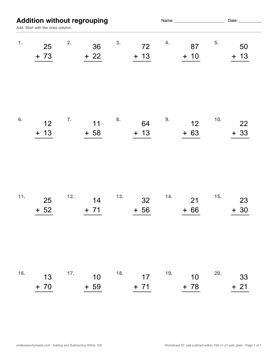 Addition without regrouping Worksheets: page 1 of a free printable 2nd grade math worksheet