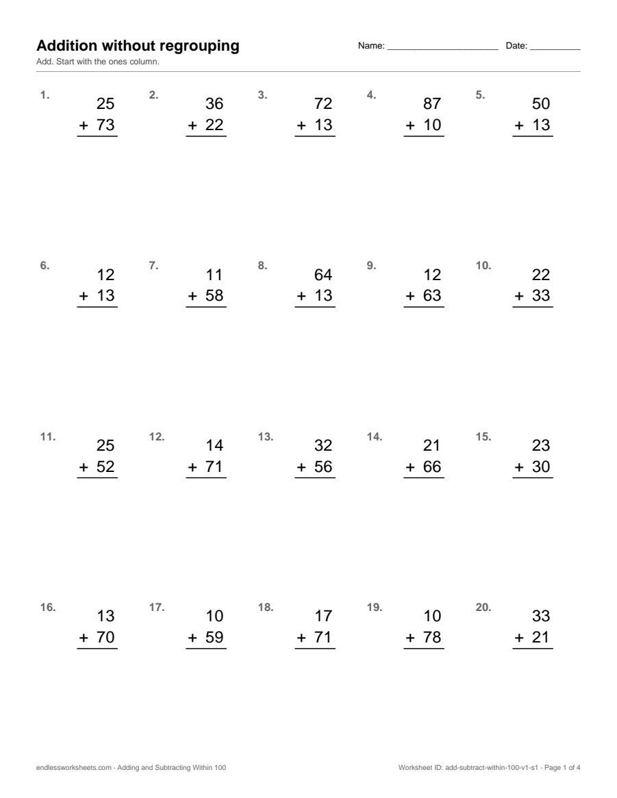 Adding and Subtracting Within 100 worksheet, page 1