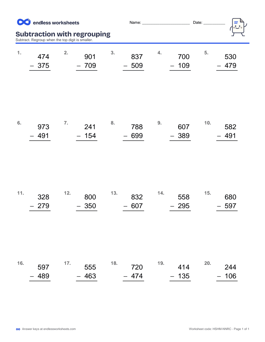 Subtraction with regrouping Worksheets: page 1 of a free printable 2nd grade math worksheet