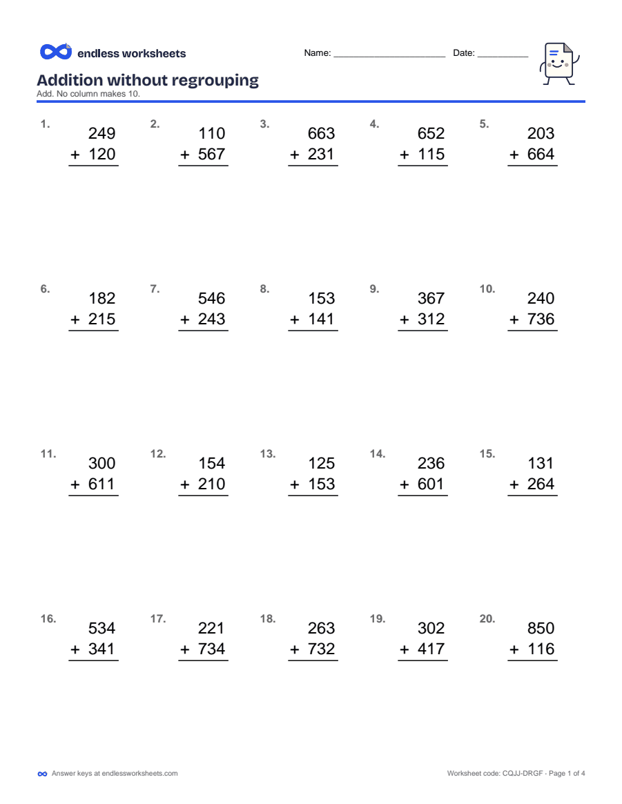 2nd Grade Adding and Subtracting Within 1000 Worksheets: page 1 of a free printable 2nd grade math worksheet