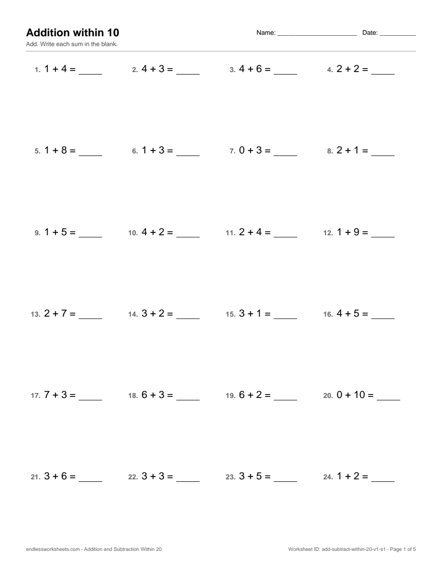 Addition and Subtraction Within 20 worksheet, page 1