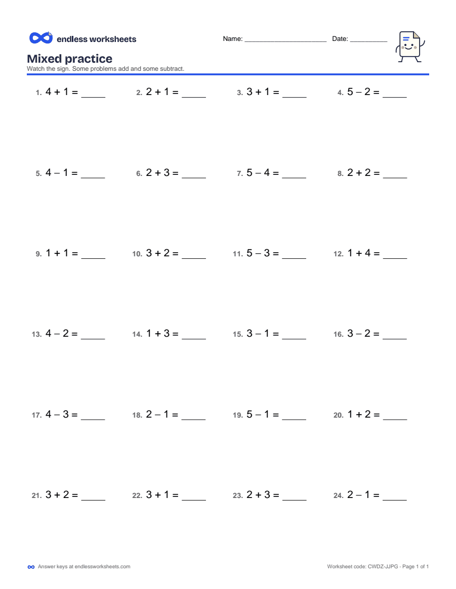 Mixed practice Worksheets: page 1 of a free printable kindergarten math worksheet