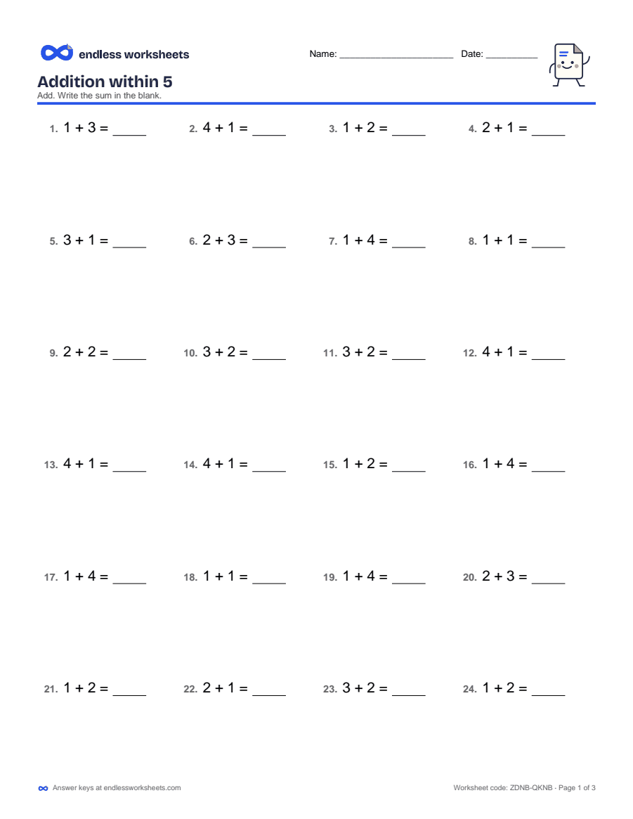 Adding and Subtracting Within 5 worksheet, page 1