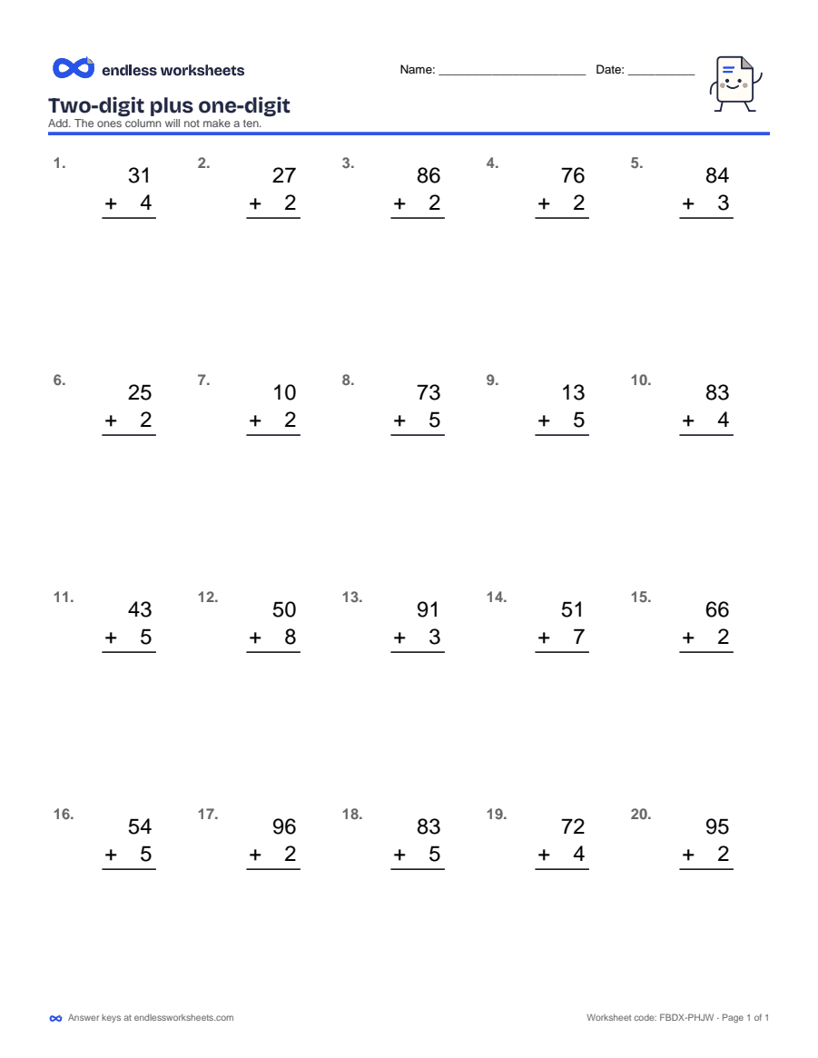 Two-digit plus one-digit Worksheets: page 1 of a free printable 1st grade math worksheet