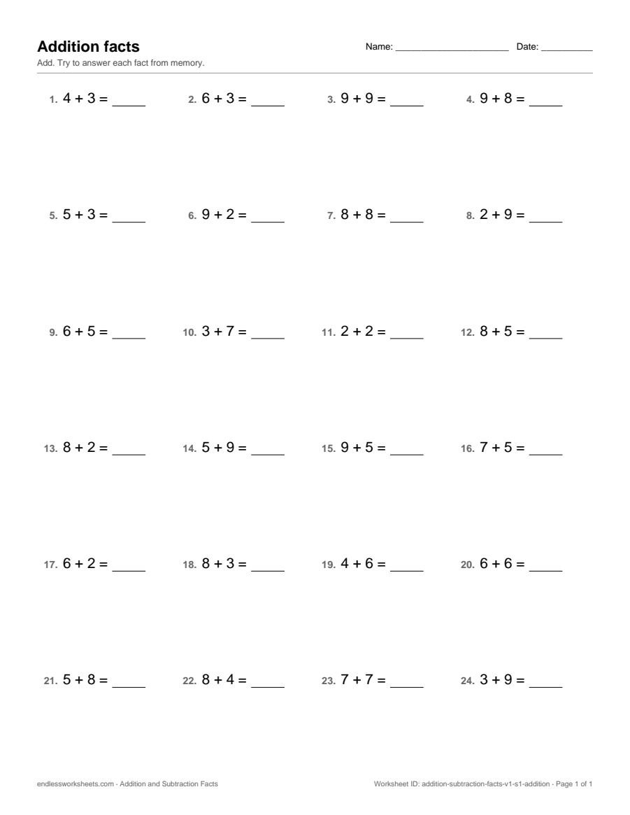 Addition facts Worksheets: page 1 of a free printable 2nd grade math worksheet