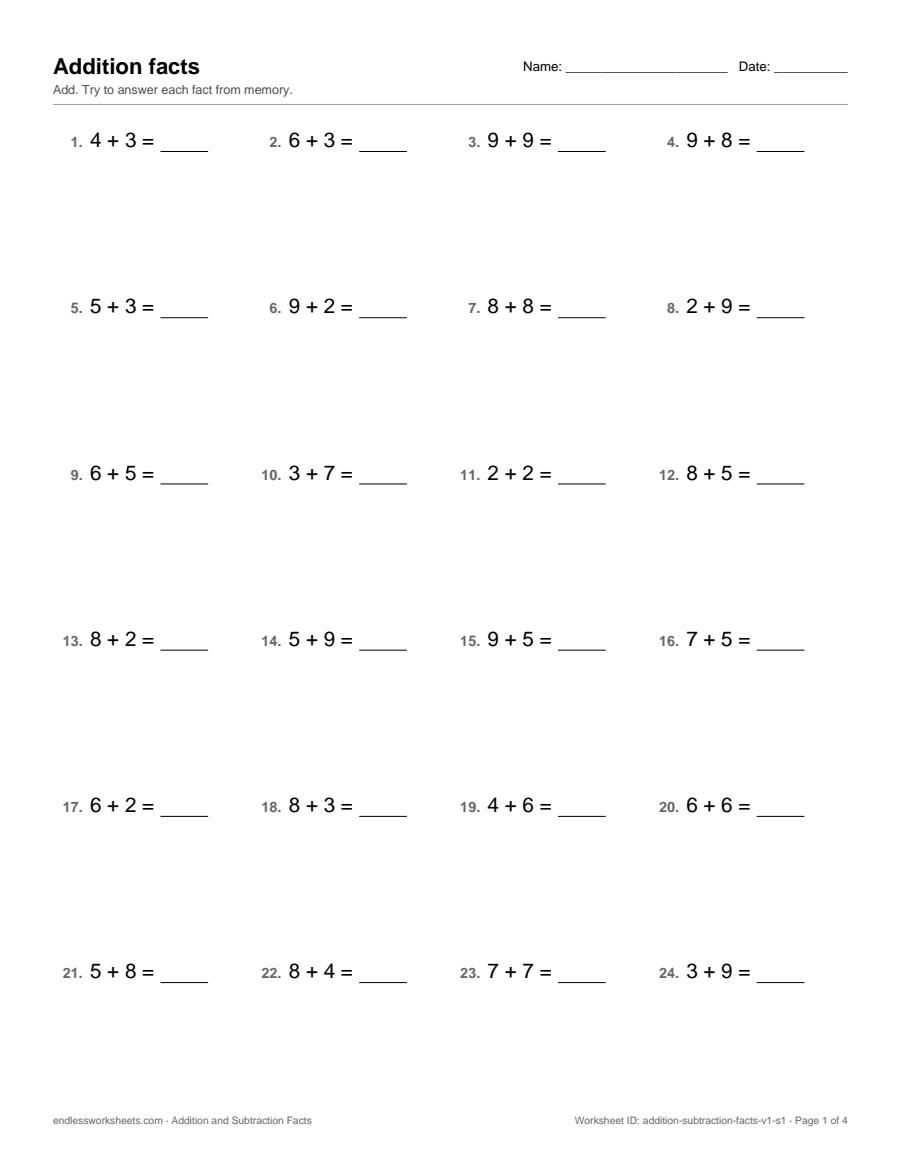 Addition and Subtraction Facts worksheet, page 1