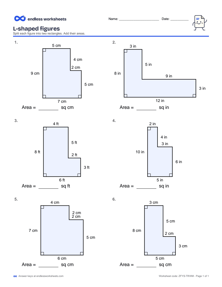 L-shaped figures Worksheets: page 1 of a free printable 3rd grade math worksheet