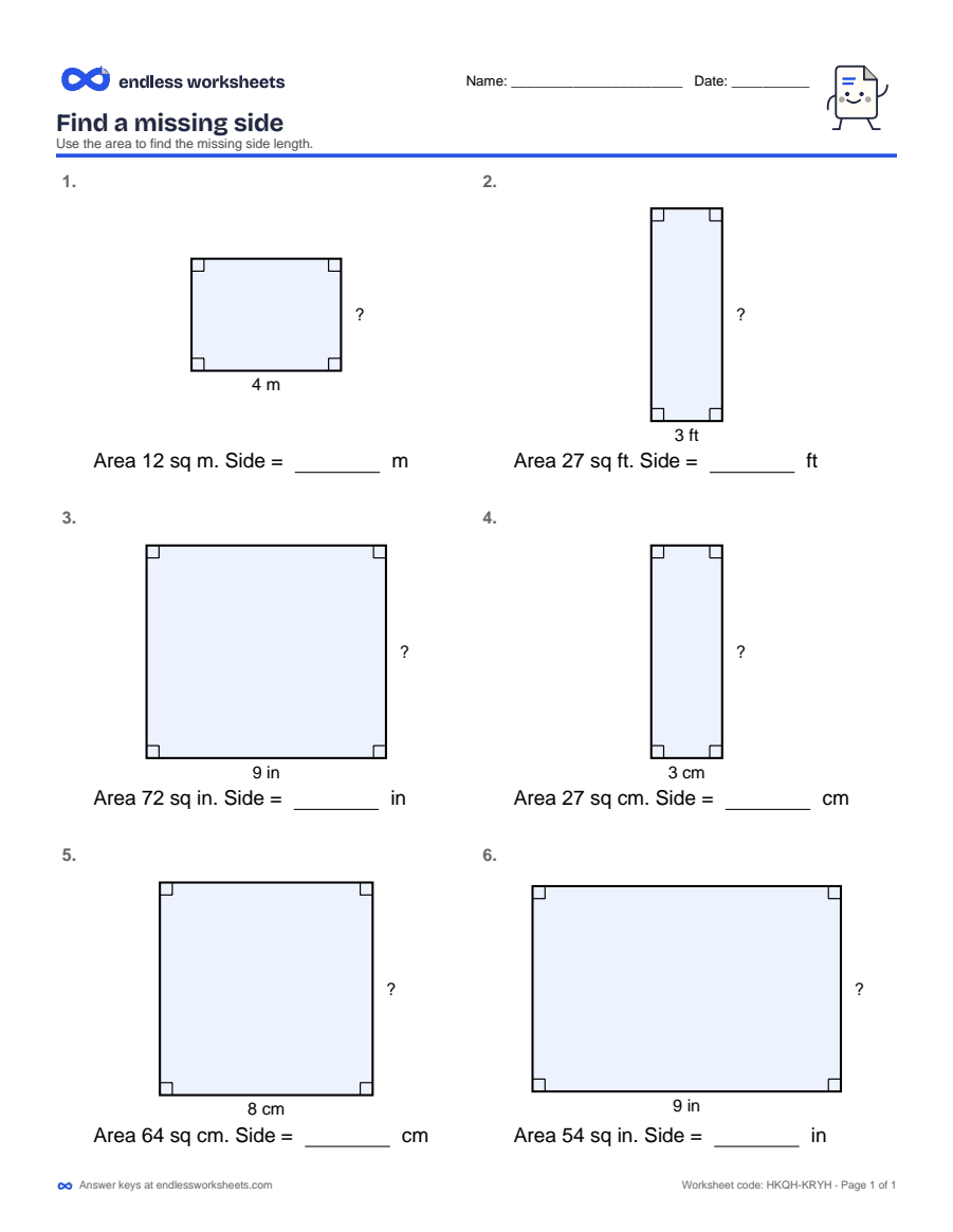 Find a missing side Worksheets: page 1 of a free printable 3rd grade math worksheet