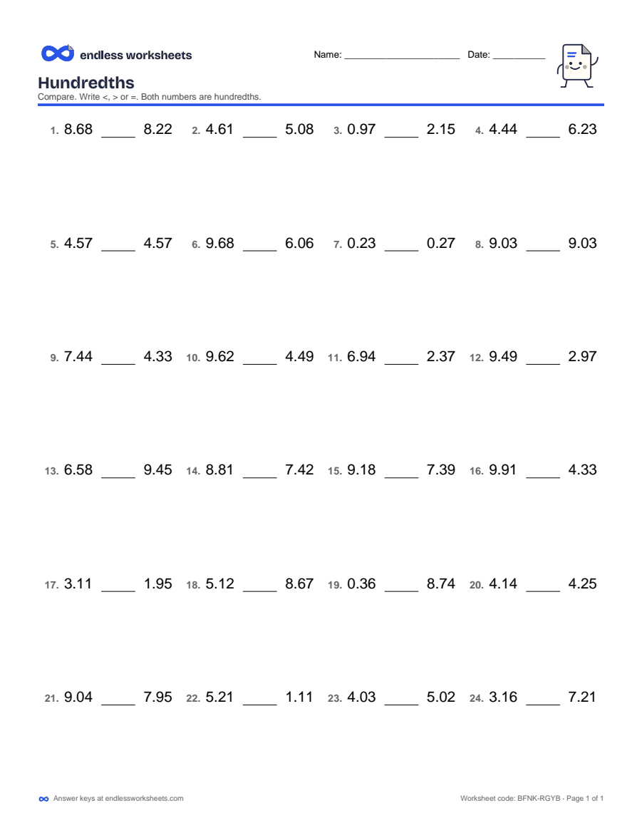 Hundredths Worksheets: page 1 of a free printable 4th grade math worksheet