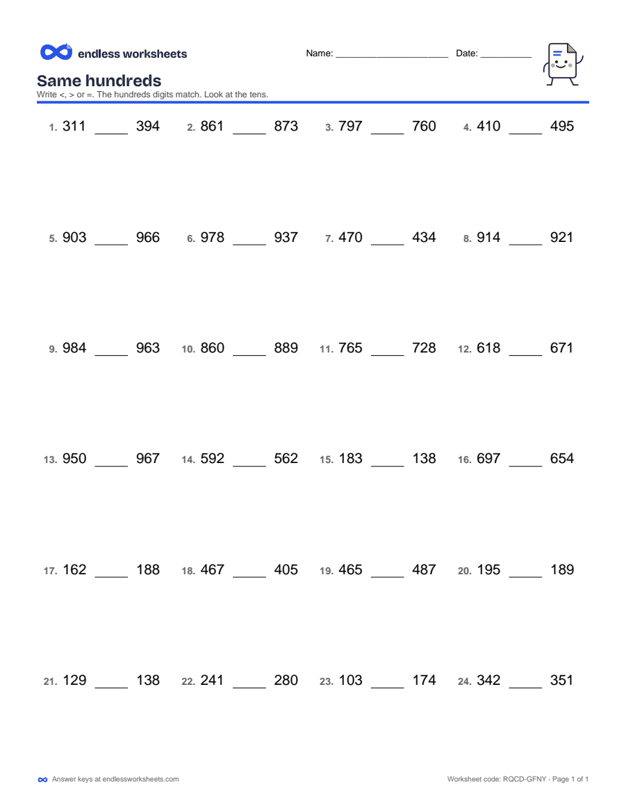 Same hundreds Worksheets: page 1 of a free printable 2nd grade math worksheet