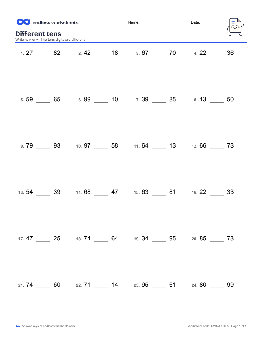 Different tens Worksheets: page 1 of a free printable 1st grade math worksheet