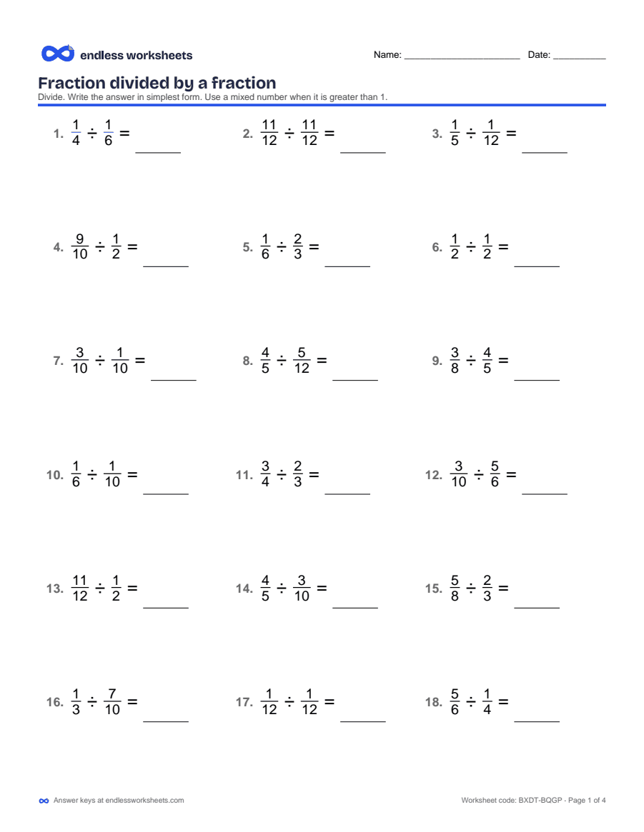 6th Grade Divide Fractions Worksheets: page 1 of a free printable 6th grade math worksheet