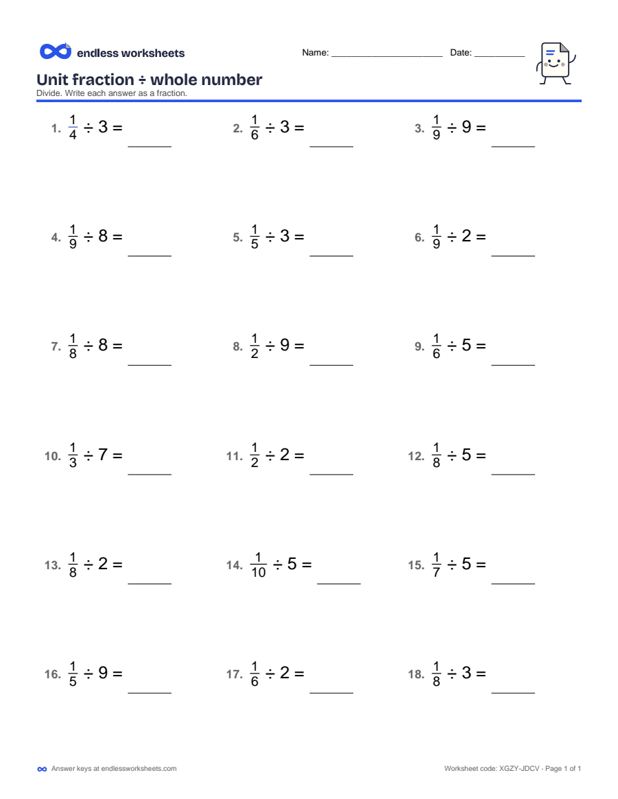 Unit fraction ÷ whole number Worksheets: page 1 of a free printable 5th grade math worksheet