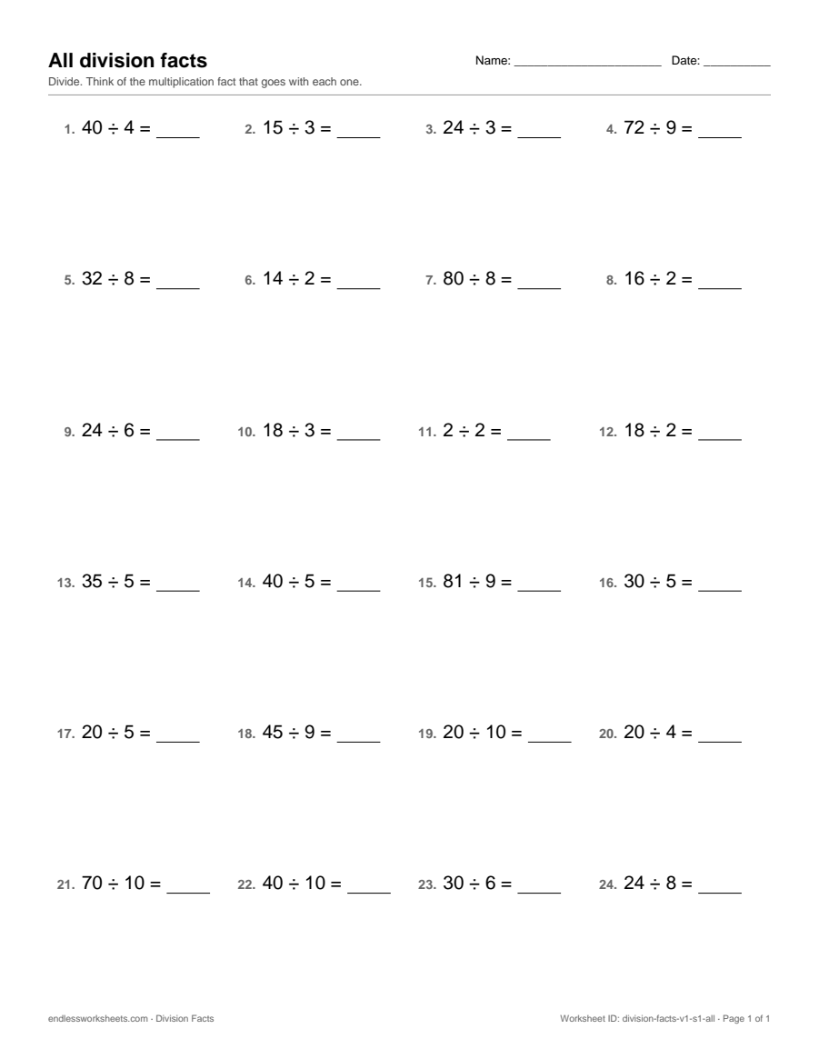 All division facts Worksheets: page 1 of a free printable 3rd grade math worksheet