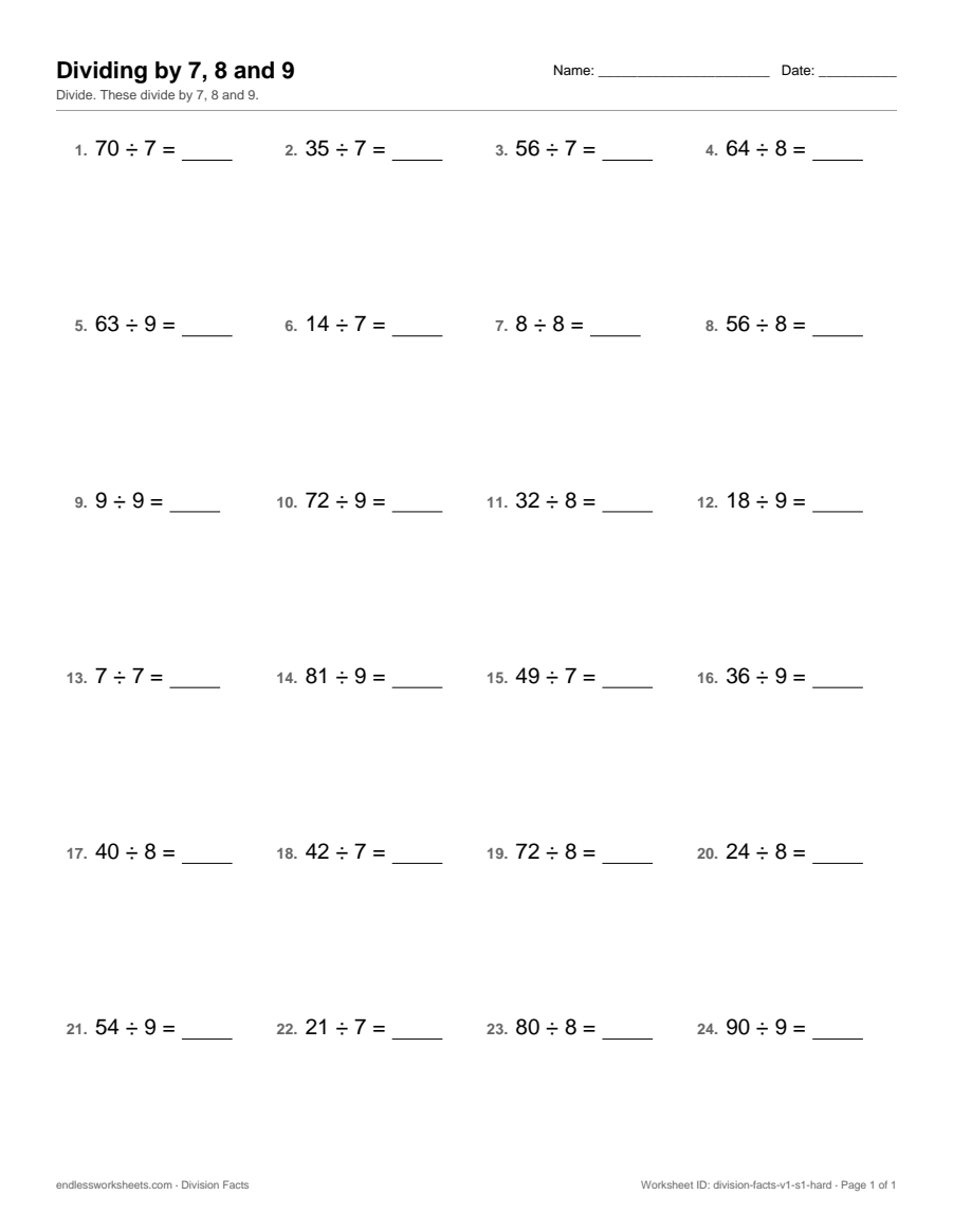 Dividing by 7, 8 and 9 Worksheets: page 1 of a free printable 3rd grade math worksheet