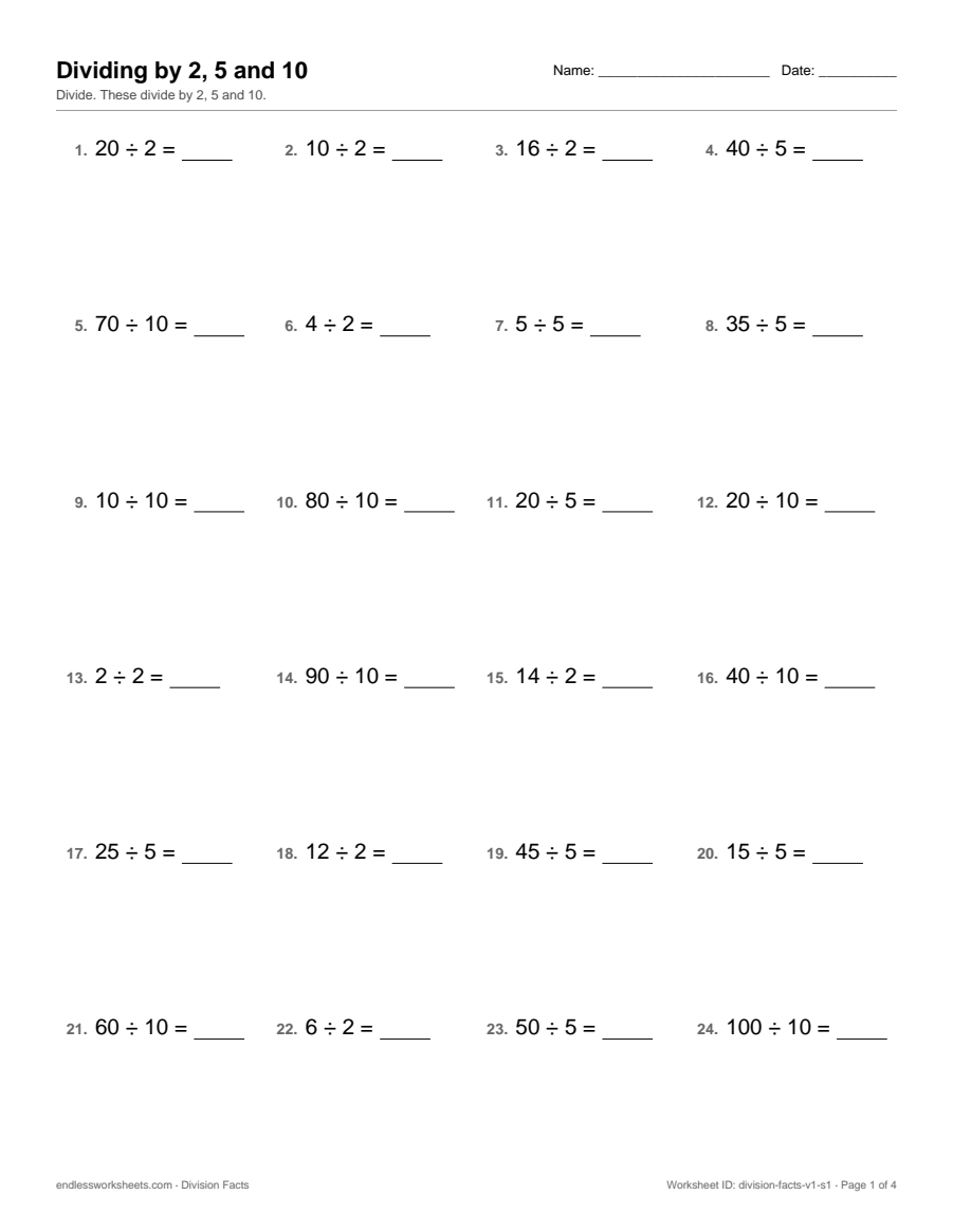 Division Facts worksheet, page 1