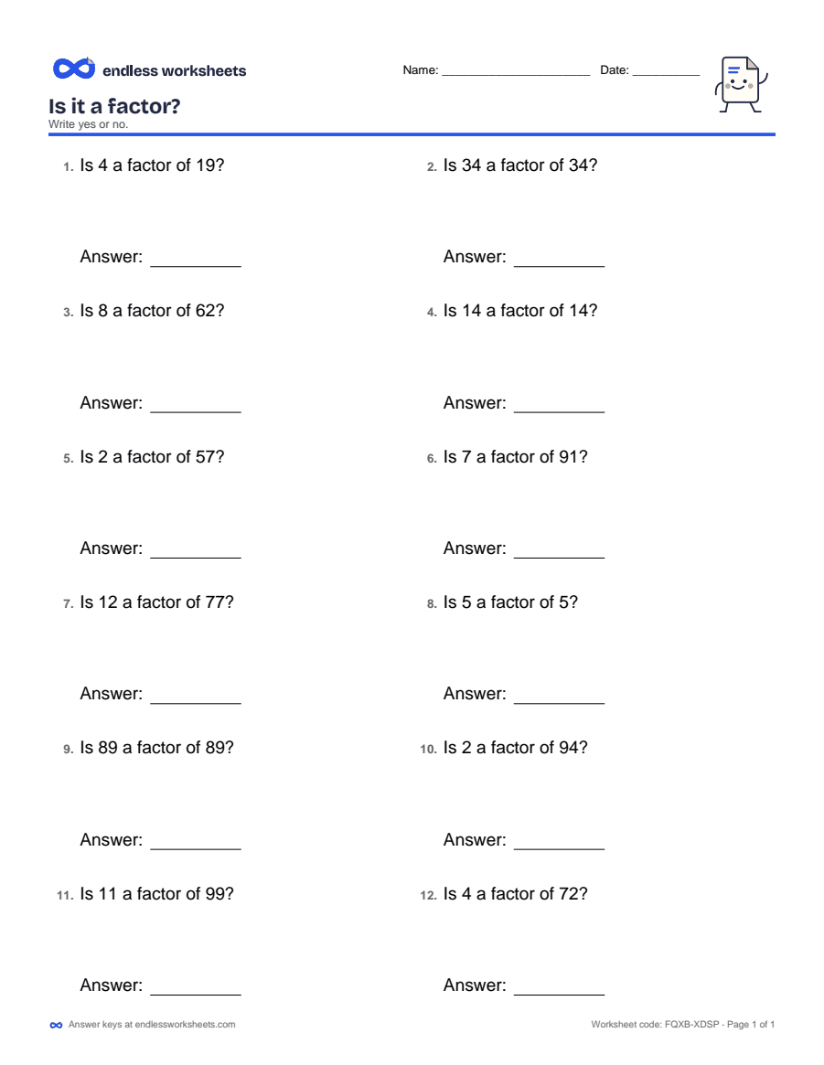 Is it a factor? Worksheets: page 1 of a free printable 4th grade math worksheet