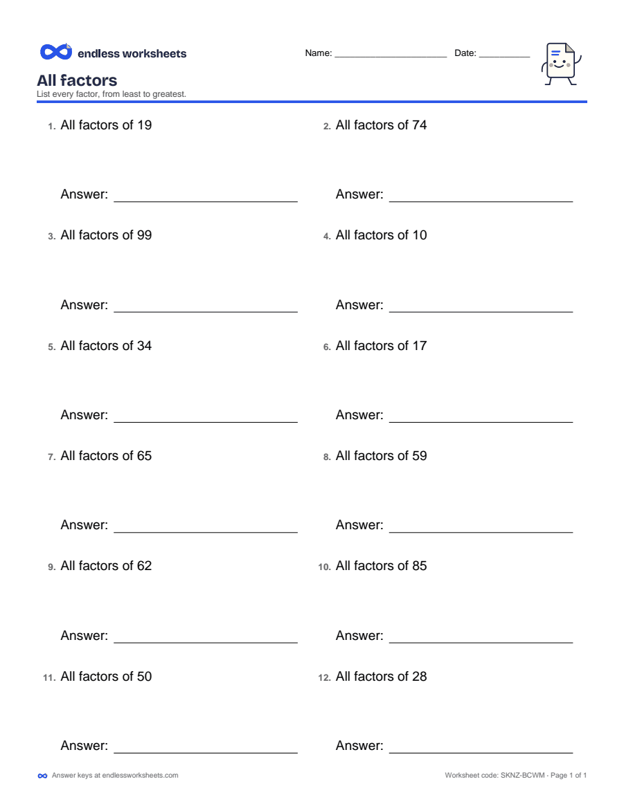 All factors Worksheets: page 1 of a free printable 4th grade math worksheet