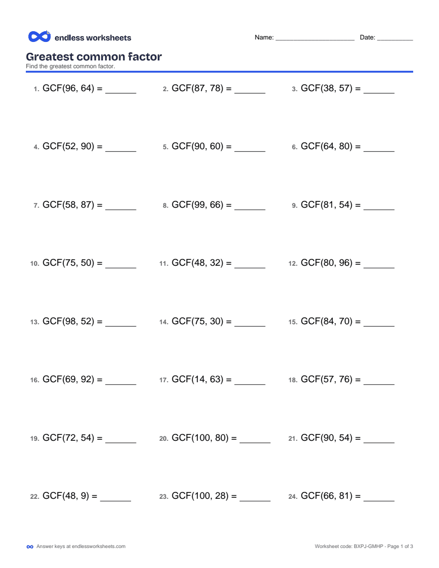 6th Grade Greatest Common Factor and Least Common Multiple Worksheets: page 1 of a free printable 6th grade math worksheet