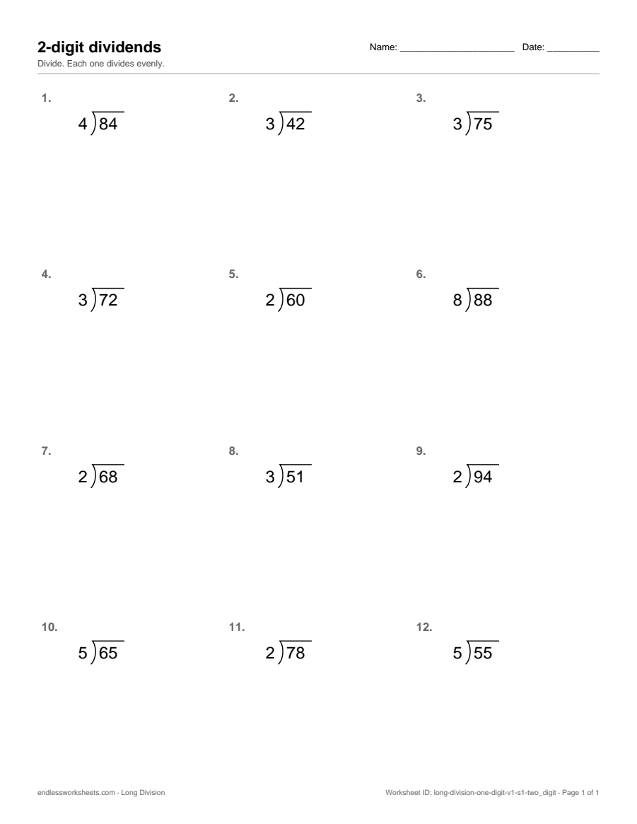 2-digit dividends Worksheets: page 1 of a free printable 4th grade math worksheet