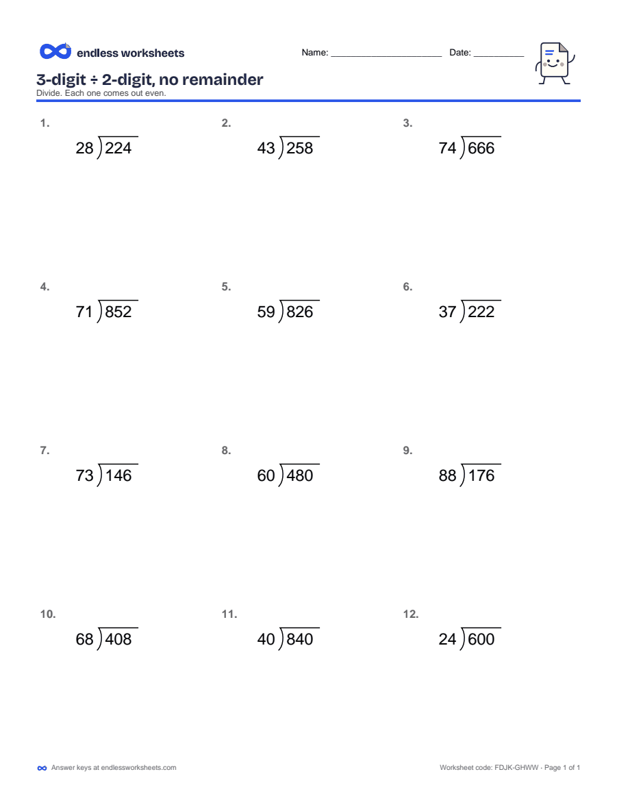 3-digit ÷ 2-digit, no remainder Worksheets: page 1 of a free printable 5th grade math worksheet