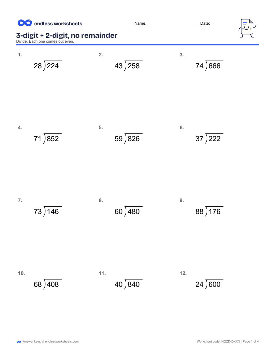 Long Division with Two-Digit Divisors worksheet, page 1