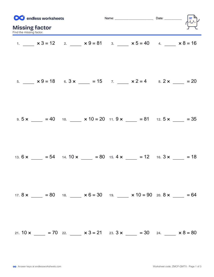 3rd Grade Missing Factors Worksheets: page 1 of a free printable 3rd grade math worksheet