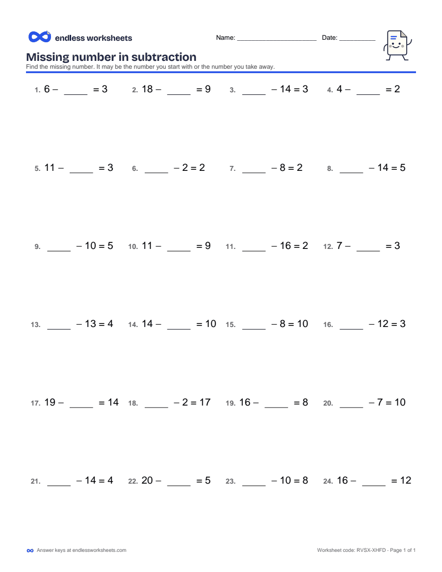 Missing number in subtraction Worksheets: page 1 of a free printable 1st grade math worksheet