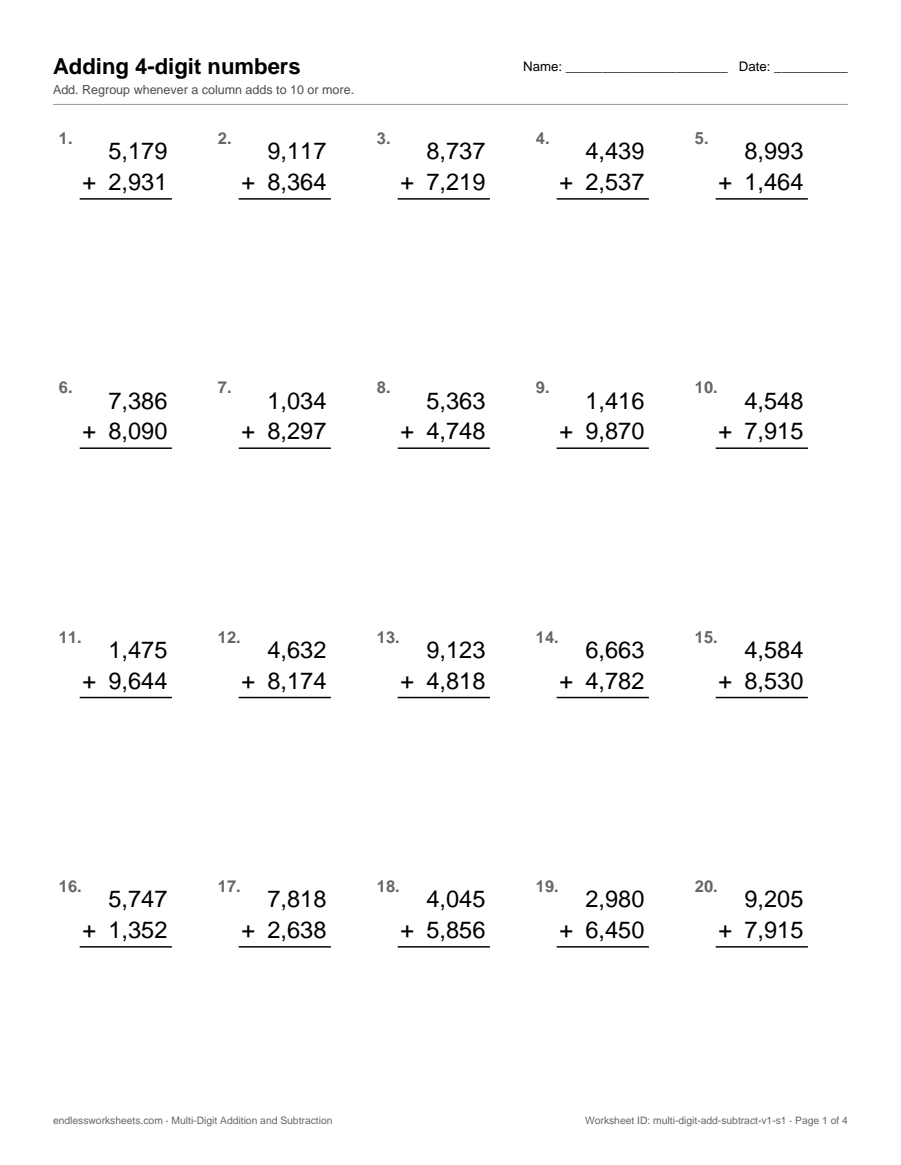 Multi-Digit Addition and Subtraction worksheet, page 1
