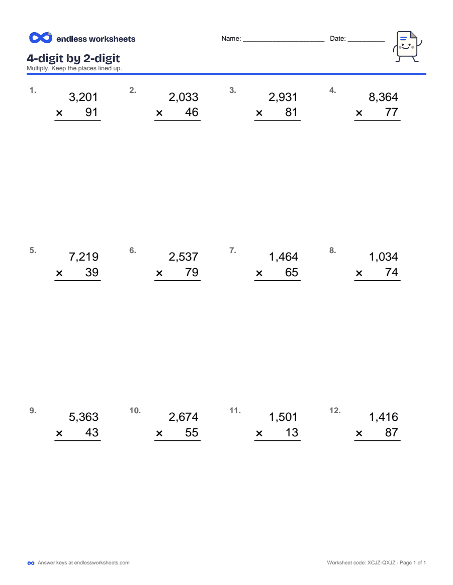 4-digit by 2-digit Worksheets: page 1 of a free printable 5th grade math worksheet