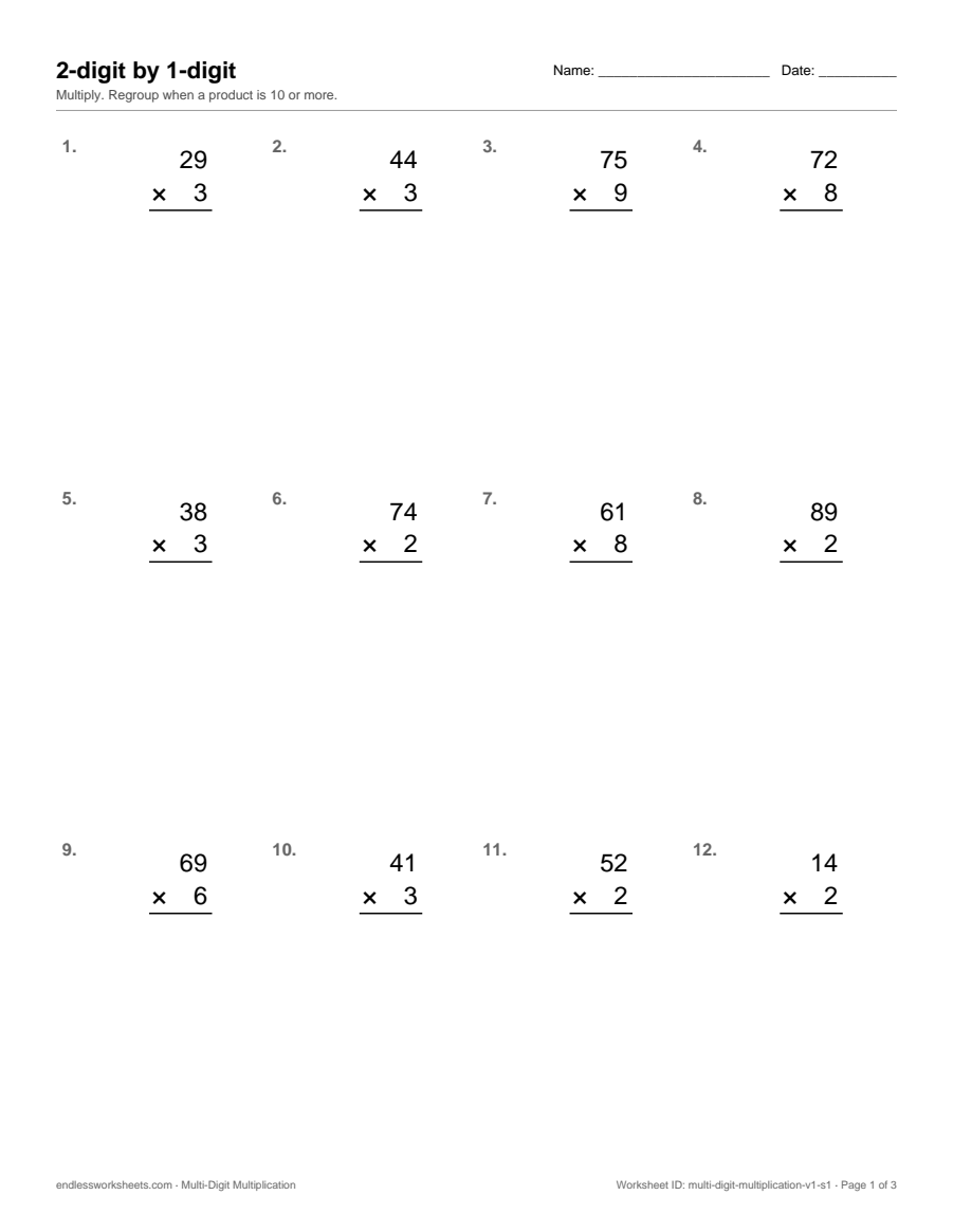Multi-Digit Multiplication worksheet, page 1