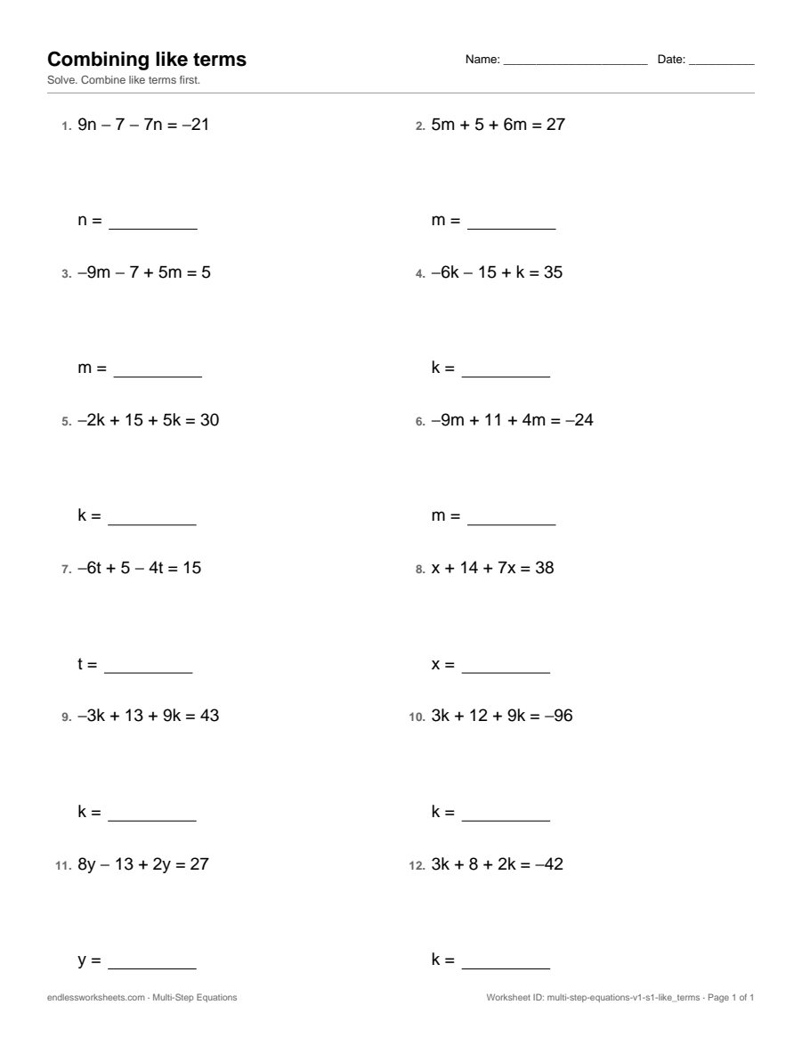Combining like terms Worksheets: page 1 of a free printable 8th grade math worksheet