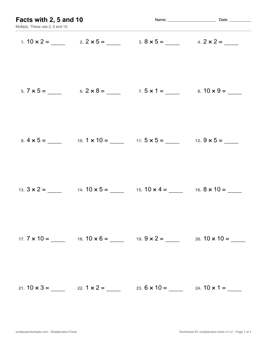 Multiplication Facts worksheet, page 1