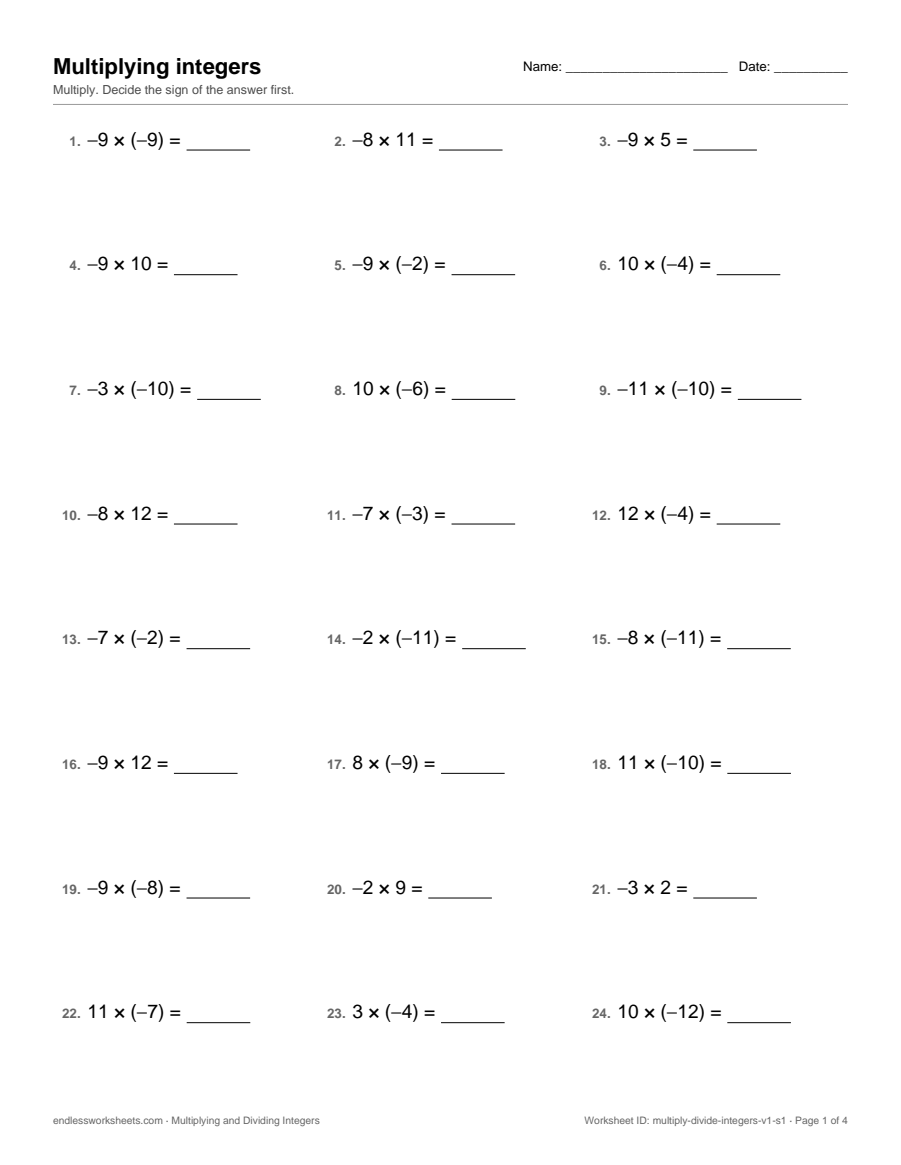 Multiplying and Dividing Integers worksheet, page 1