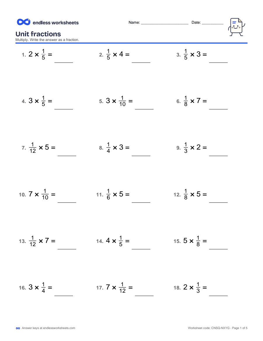 4th Grade Multiply a Fraction by a Whole Number Worksheets: page 1 of a free printable 4th grade math worksheet