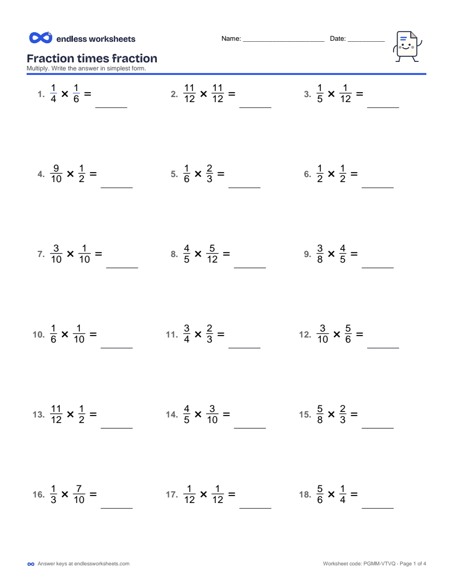 5th Grade Multiply Fractions Worksheets: page 1 of a free printable 5th grade math worksheet