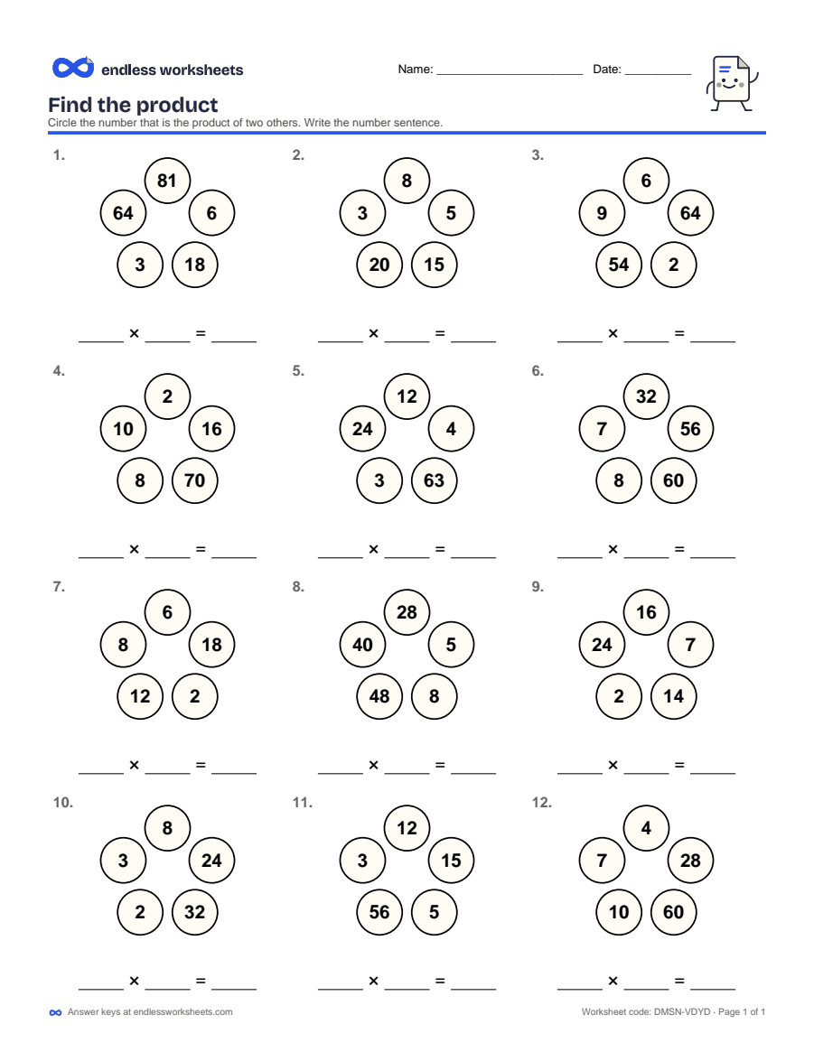 Find the product Worksheets: page 1 of a free printable 3rd grade math worksheet