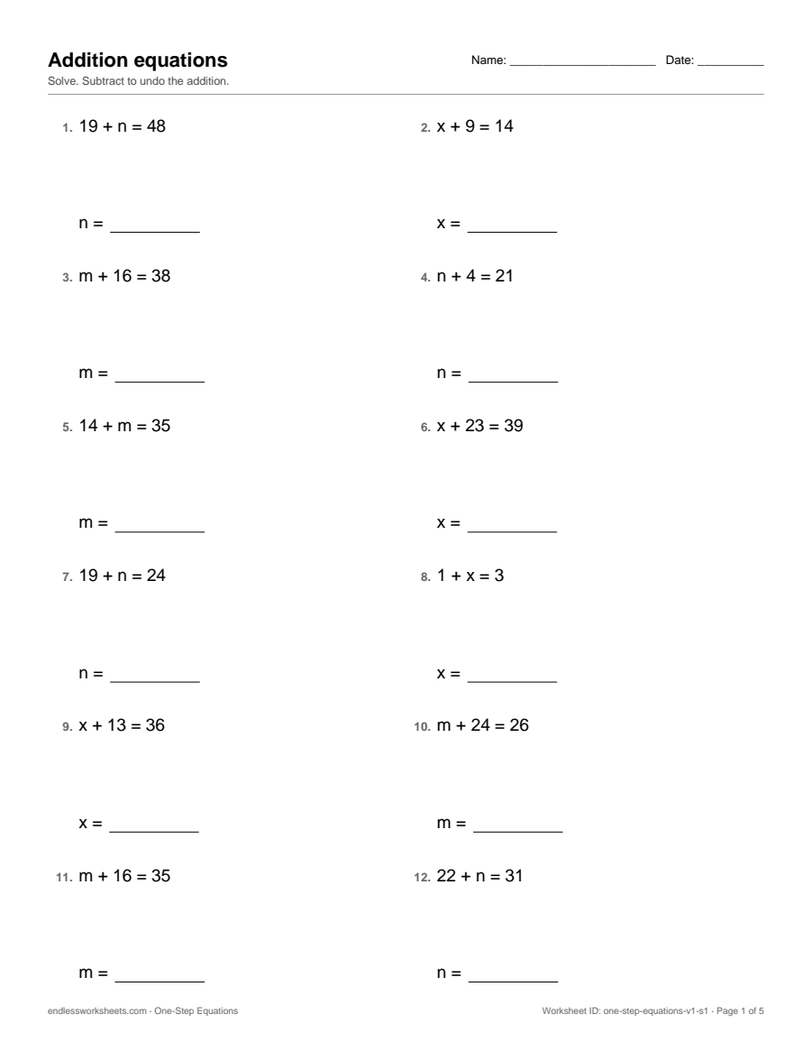 One-Step Equations worksheet, page 1