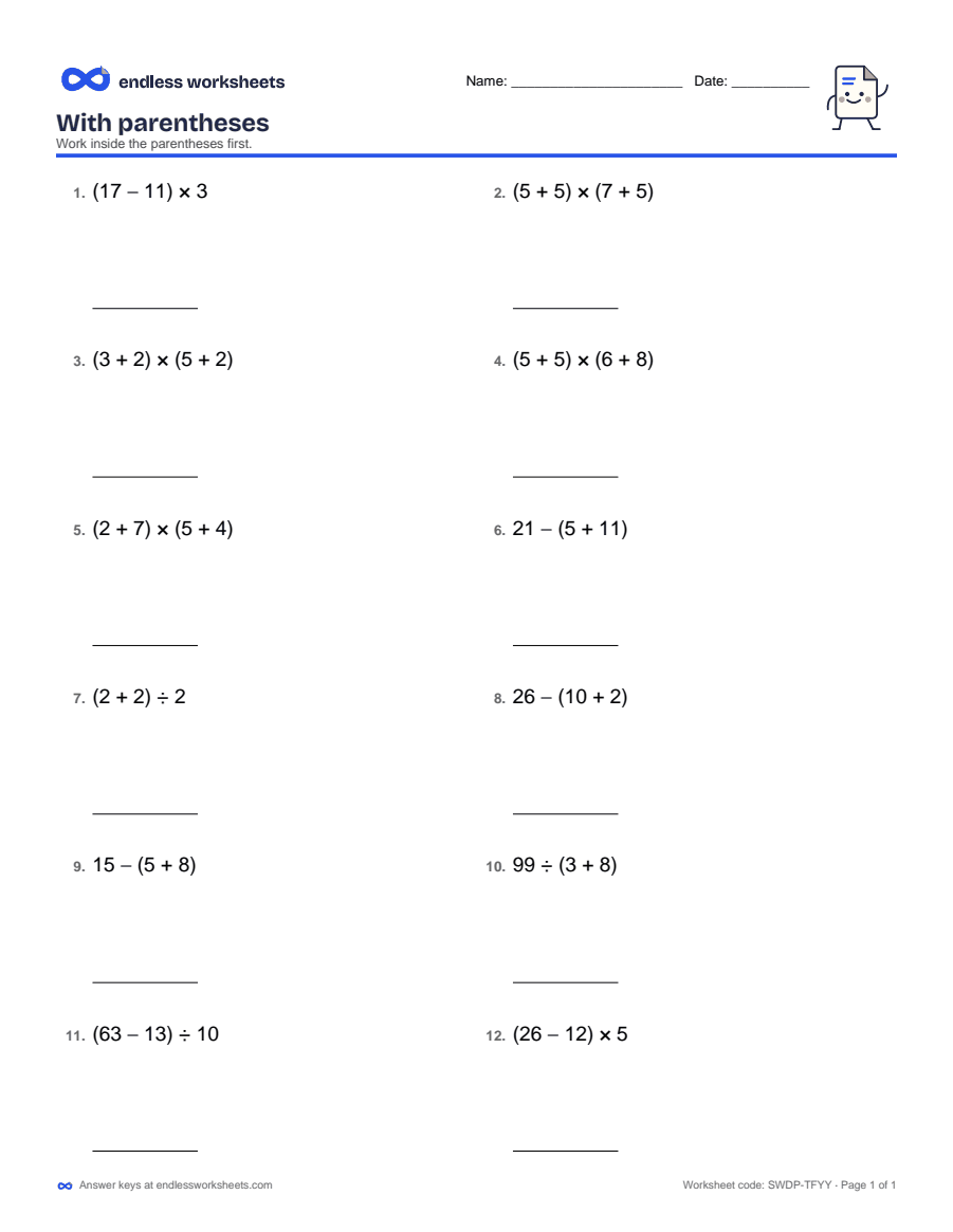 With parentheses Worksheets: page 1 of a free printable 5th grade math worksheet