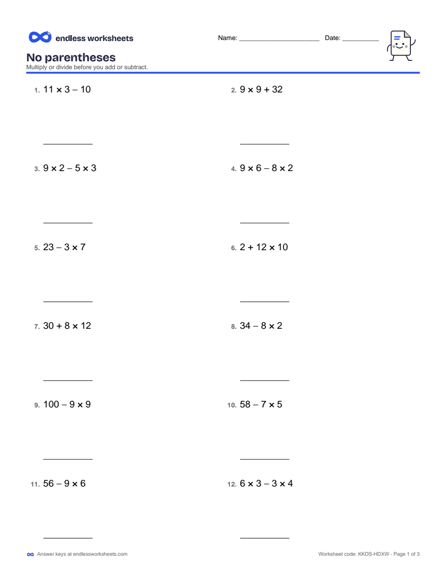 Order of Operations worksheet, page 1
