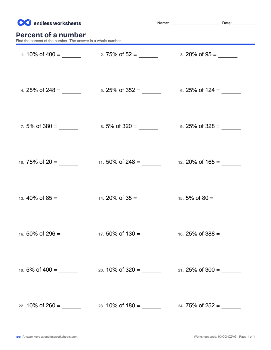 Percent of a number Worksheets: page 1 of a free printable 6th grade math worksheet