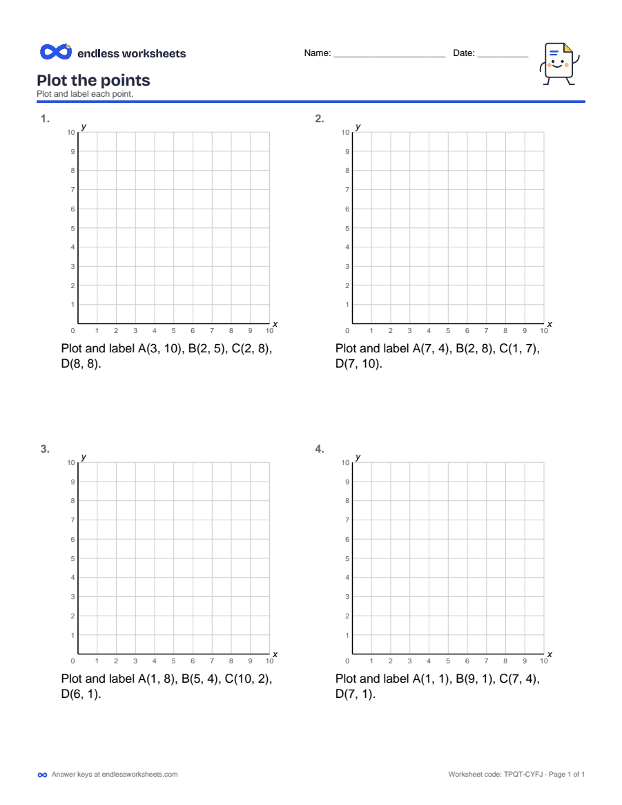 Plot the points Worksheets: page 1 of a free printable 5th grade math worksheet