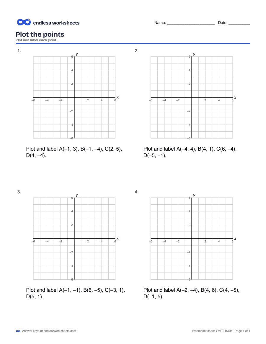 Plot the points Worksheets: page 1 of a free printable 6th grade math worksheet